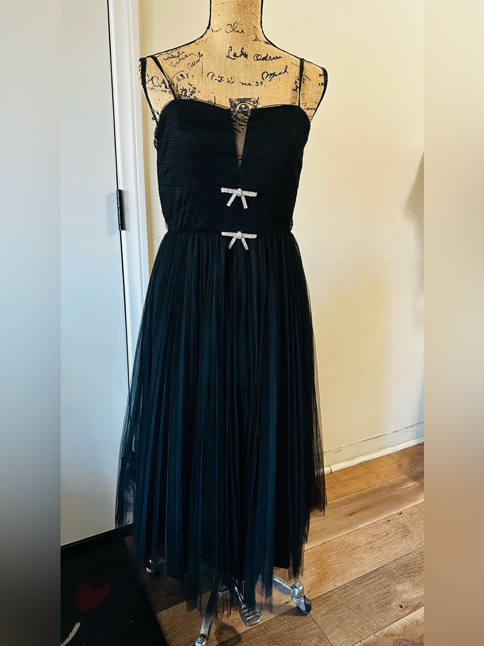 Francesca's Collections Black Tulle Midi Dress with Rhinestone Bows